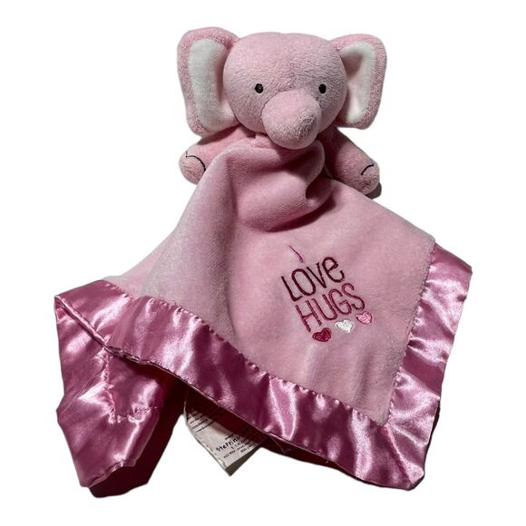 Stepping Stones Pink Elephant Baby Lovey Security Blanket I LOVE HUGS Satin Edge - Picture 1 of 7